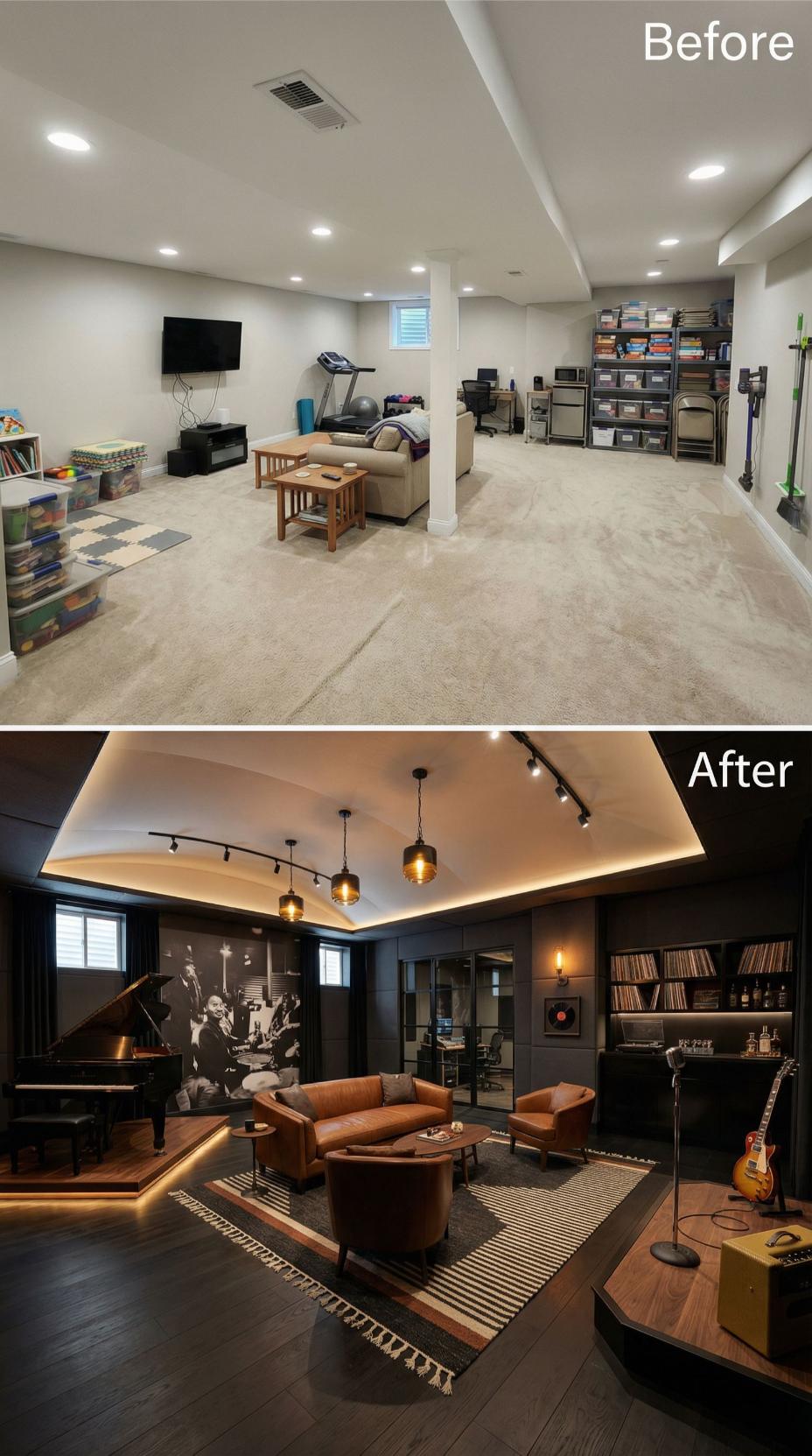 Grand Piano and Jazz Mural Anchor Moody Music Studio with Cove-Lit Tray