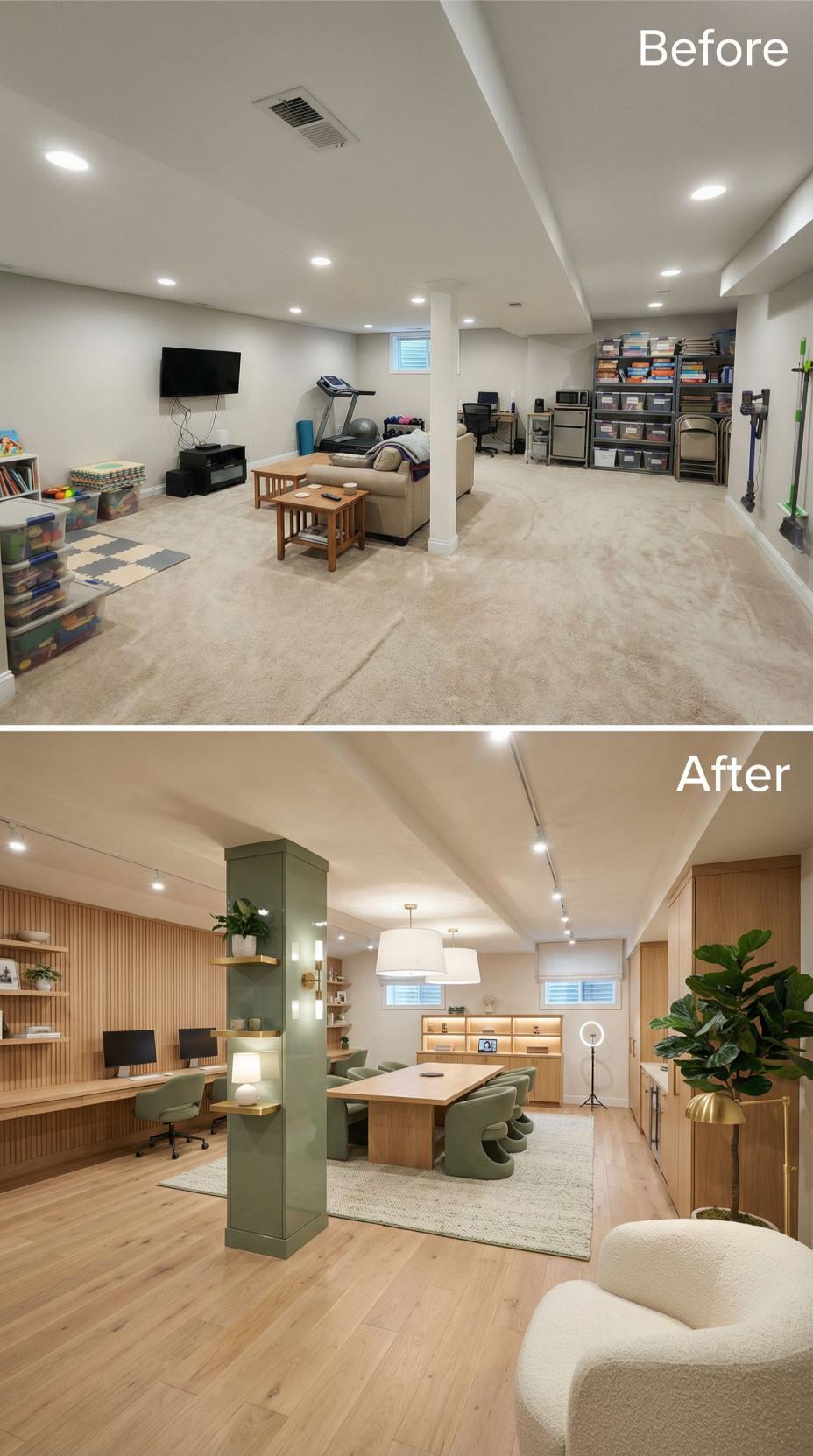 Sage Green Columns and Natural Oak Workspace Replace Carpeted Storage Zone