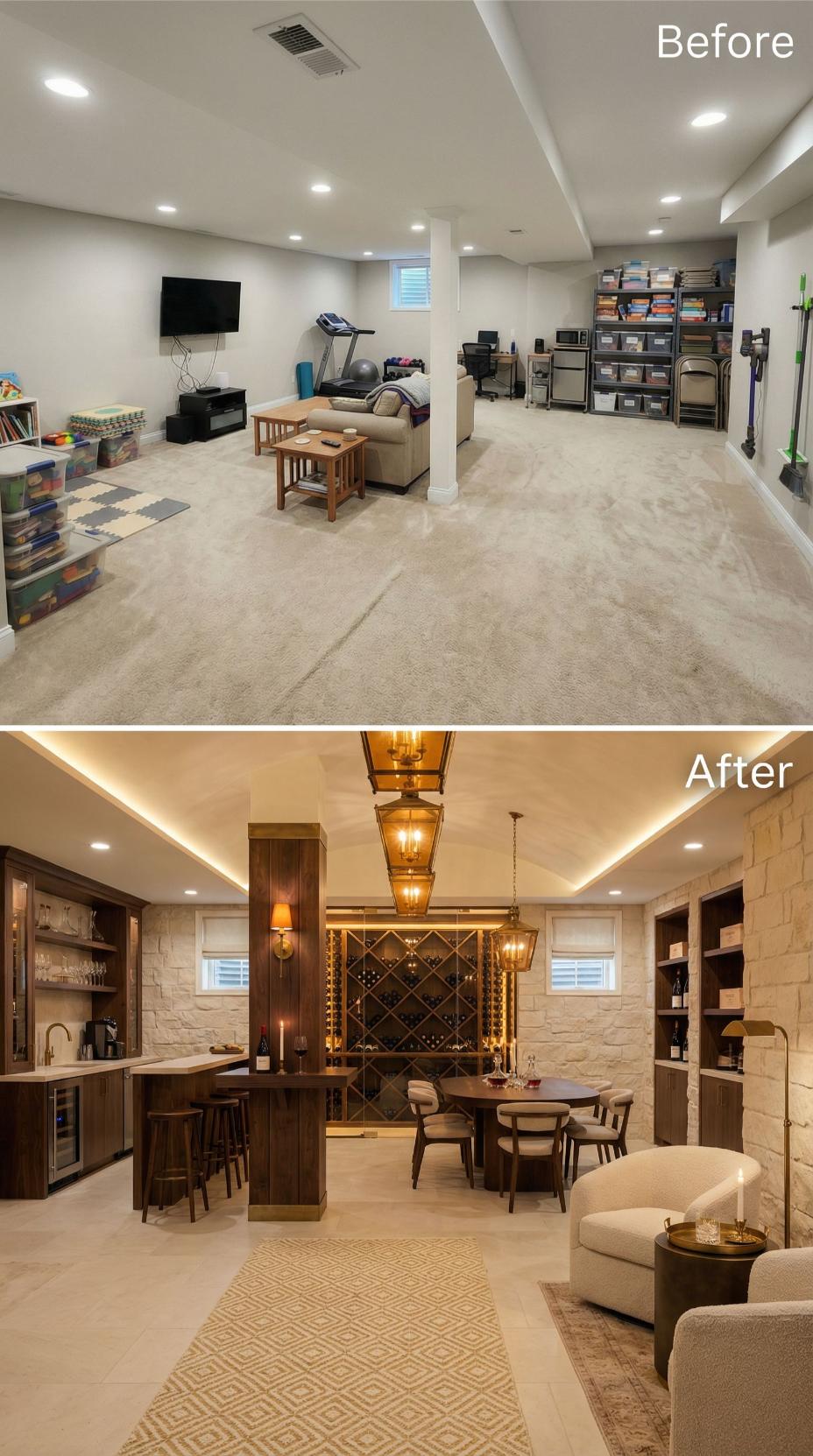 Wine Cellar Display and Dark Walnut Bar Convert Playroom Into Entertaining Lounge