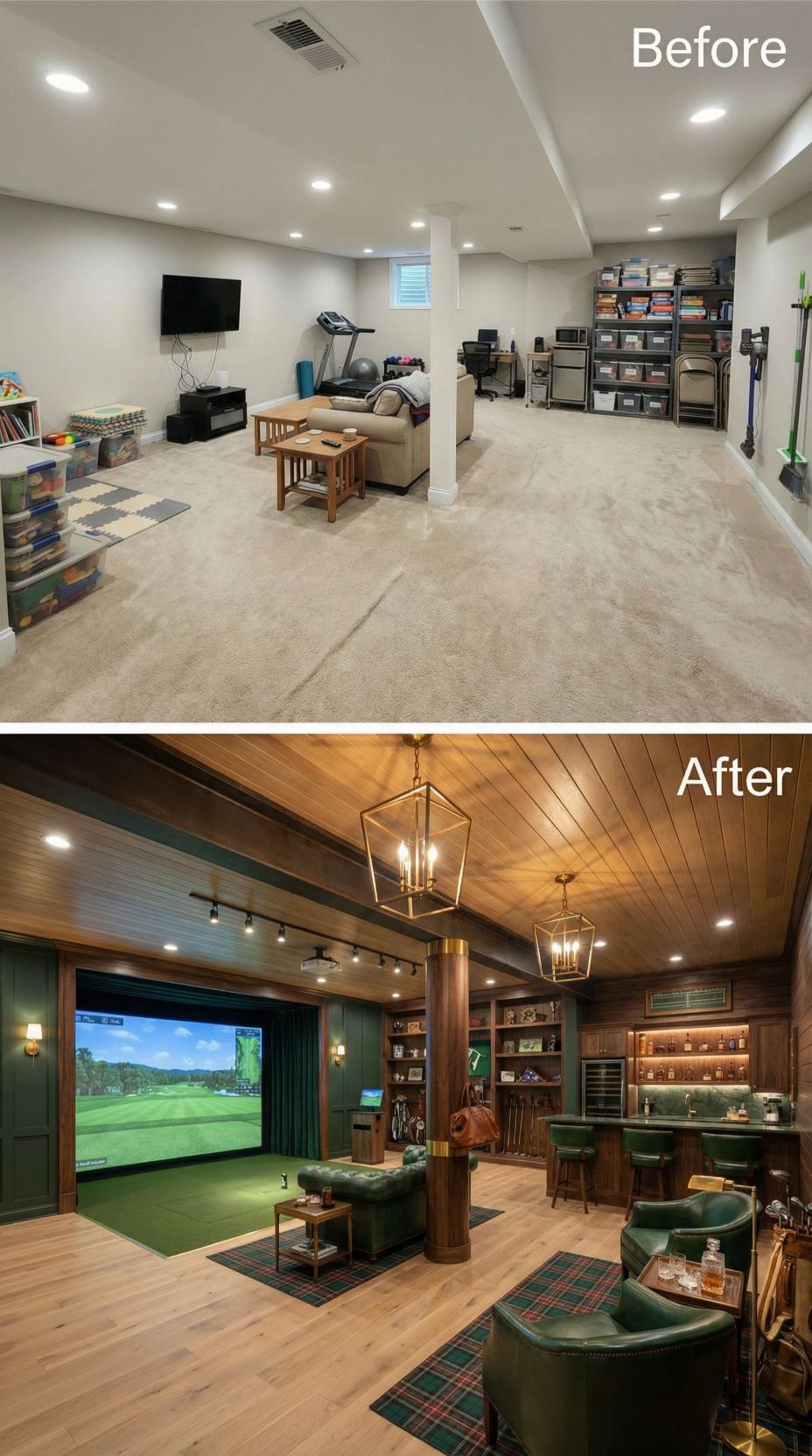 Golf Simulator Enclosure and Wood Plank Ceiling Replace Beige Carpeted Multi-Use Room