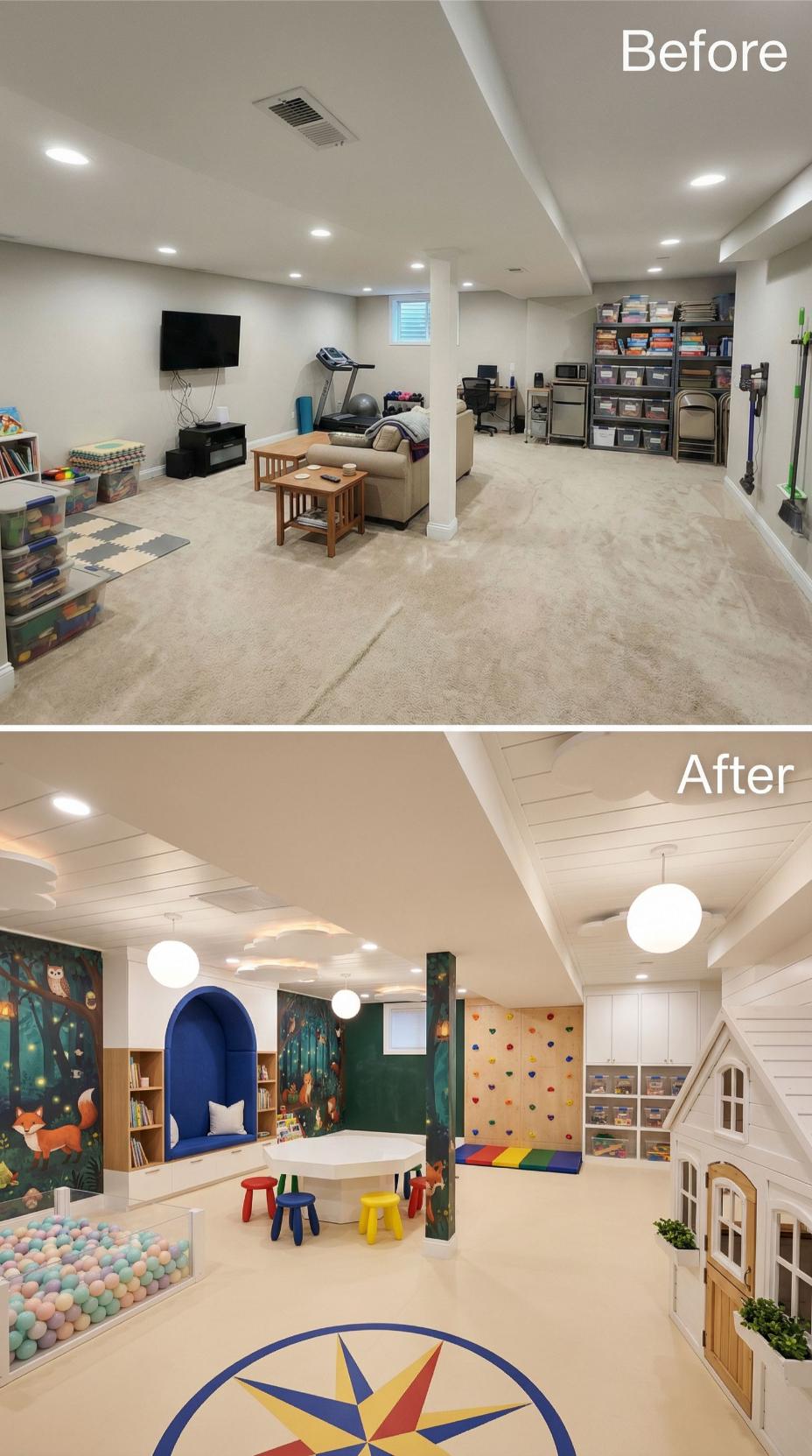 Whimsical Playroom with Woodland Murals and Rock Climbing Wall Replaces Beige Multipurpose Zone