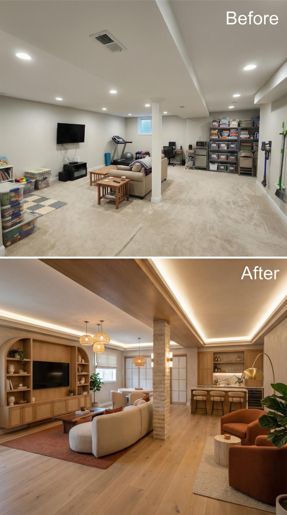 Warm Wood Tones and Tray Ceiling Drama Replace Basic Beige Carpets