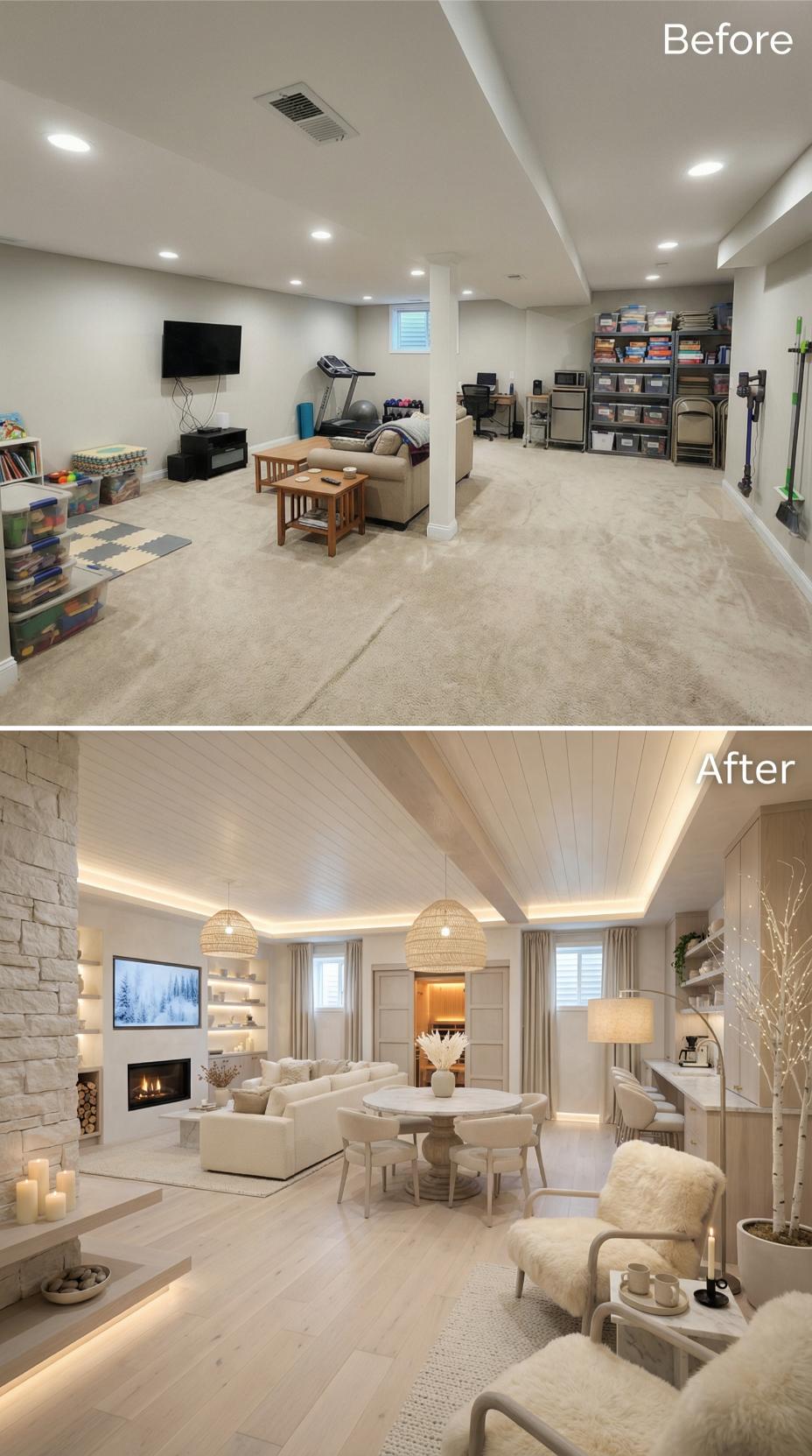 Shiplap Coffered Ceiling and Stone Fireplace Anchor Luxe All-White Retreat