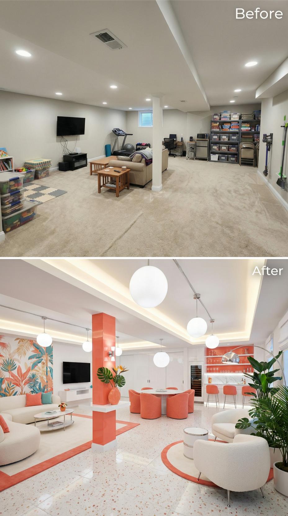 Coral and Terrazzo Tropical Lounge Rises from Multipurpose Clutter