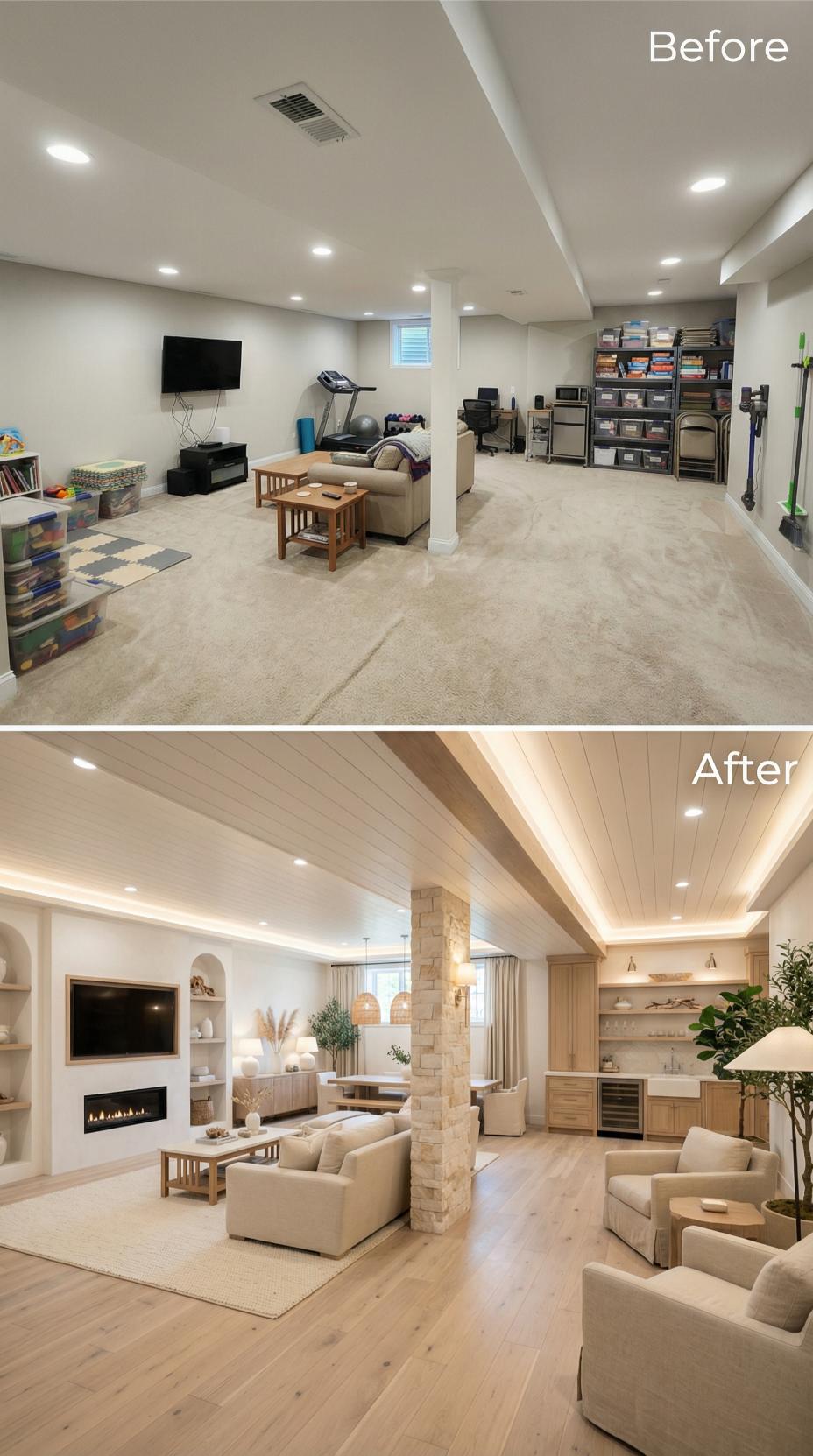 Stone-Wrapped Columns and Shiplap Ceiling Define Coastal Modern Living Suite