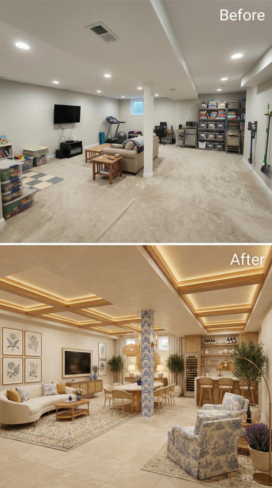 Coffered Ceiling with LED Rope Lighting Crowns Mediterranean-Inspired Wine Bar