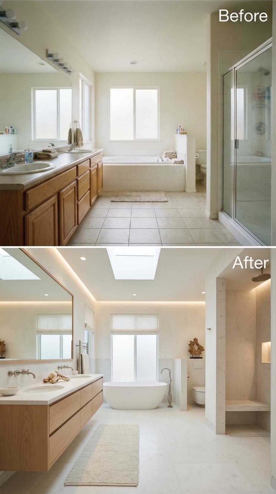 Freestanding Oval Tub and Cove-Lit Skylight Replace Oak Vanity Clutter