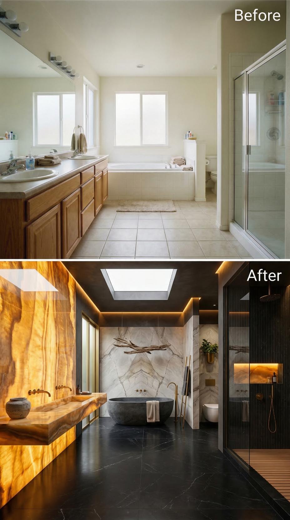 Live-Edge Onyx Vanity and Gold Strip Lighting Abolish Oak Vanity