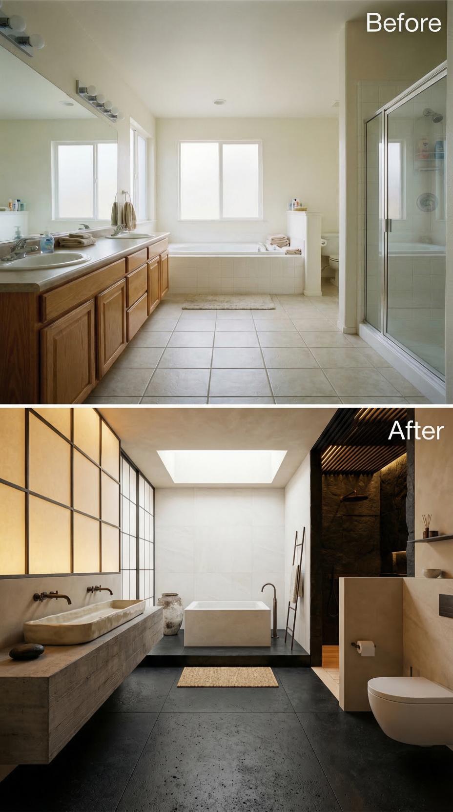 Japanese Shoji Grid and Travertine Trough Sink Oust Beige Tile