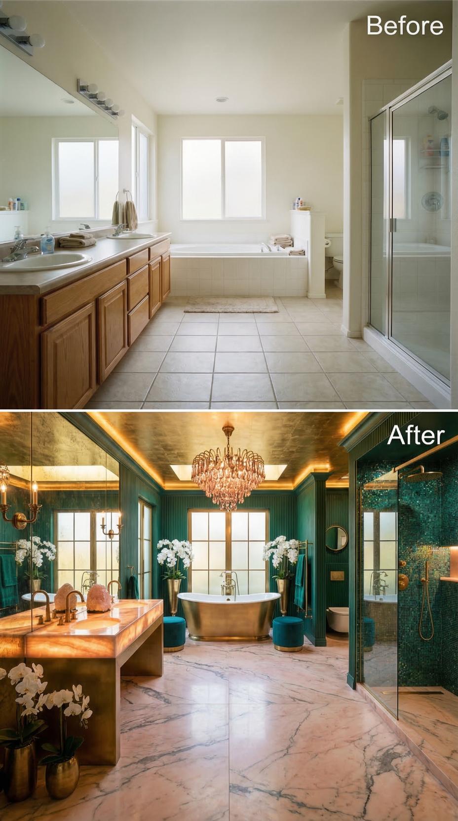 Jewel-Toned Velvet and Coppery Tub Banish Builder-Grade Blandness