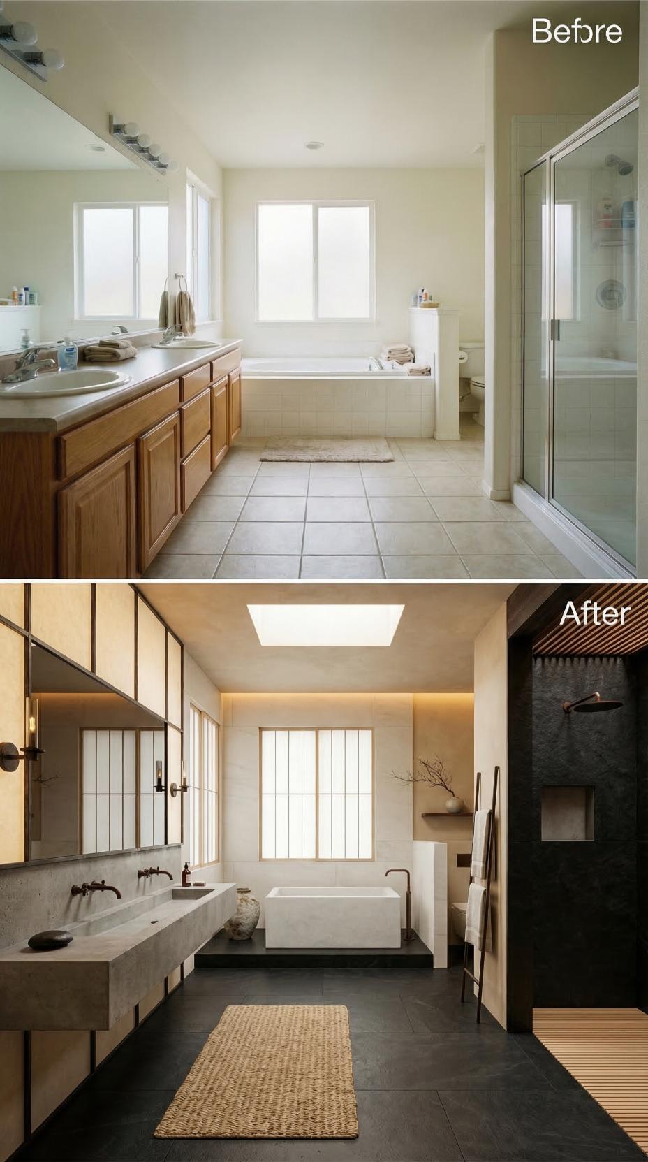 Skylight Shoji and Concrete Trough Vanity Abolish Oak Cabinet Era