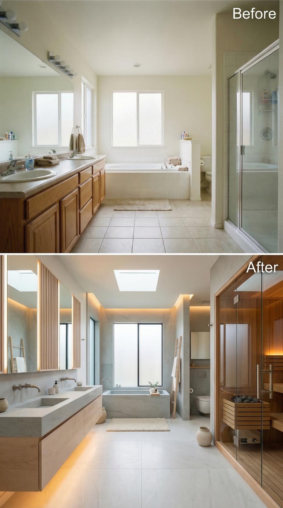 Sauna Pod and Cove-Lit Perimeter Topple Traditional Oak Cabinetry