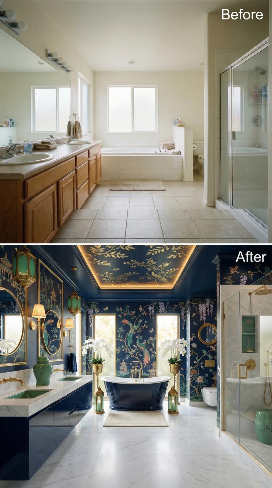 Chinoiserie Wallpaper and Navy Freestanding Tub Replace Beige Tile