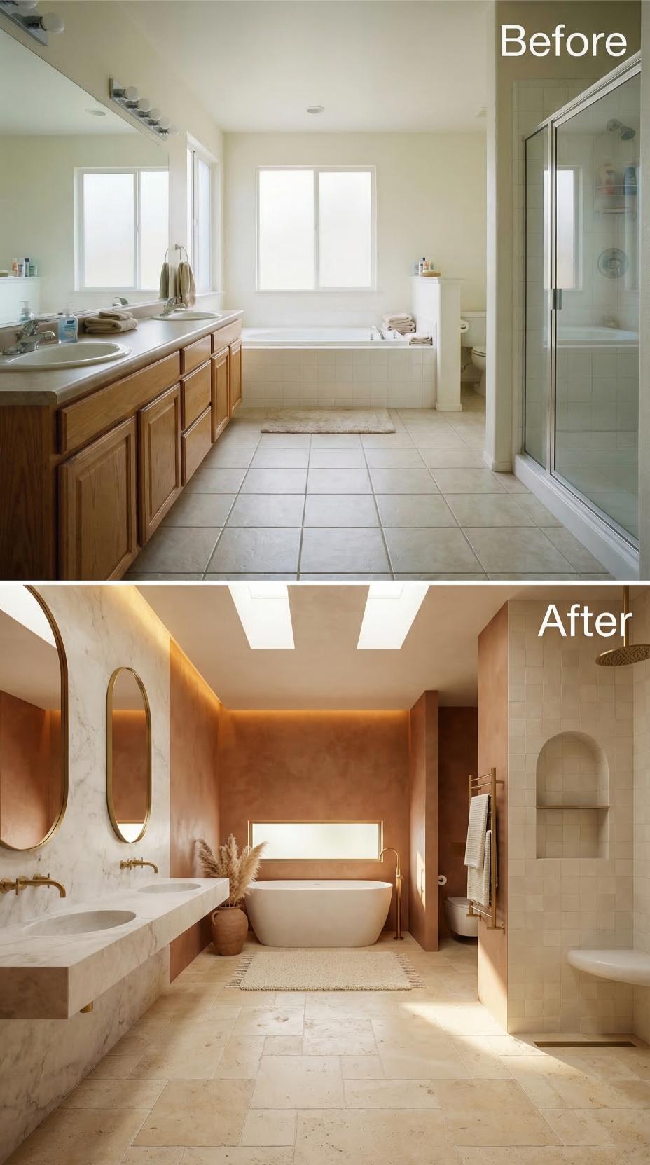 Terracotta Wall Panels and Oval Mirrors Oust Beige Tile Grid