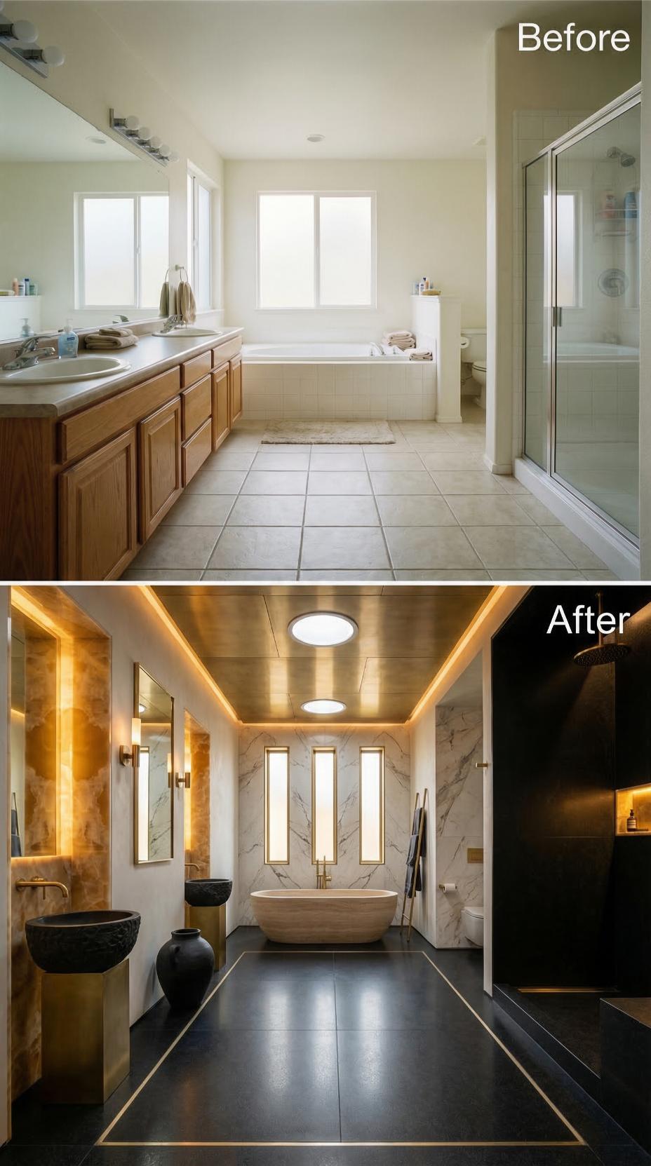 Cove-Lit Ceiling and Marble Slab Accent Wall Displace Oak Vanity