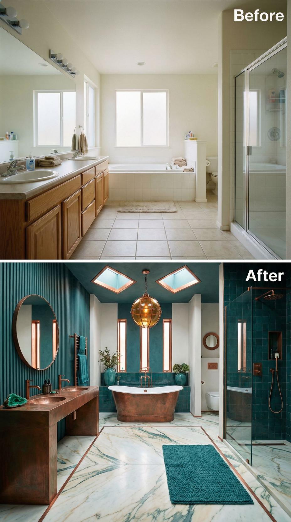 Copper Tub and Teal Fluted Walls Supplant Oak Cabinet Neutrality