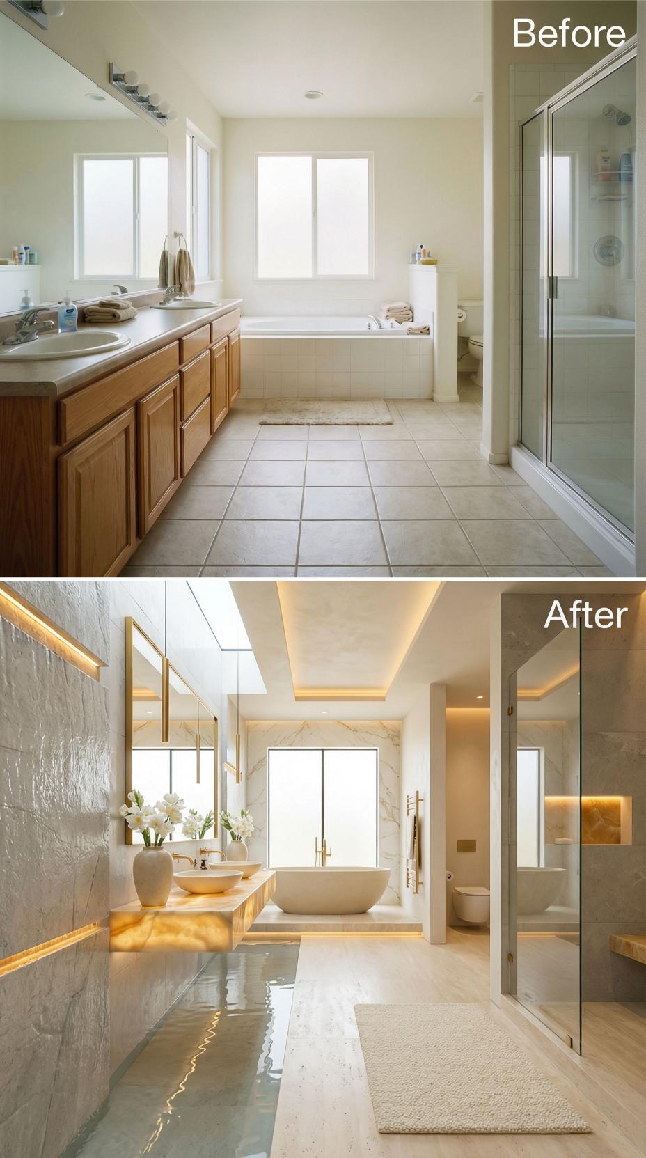 Tray Ceiling Cove Lighting and Marble Slab Walls Dissolve Oak Vanity Dullness