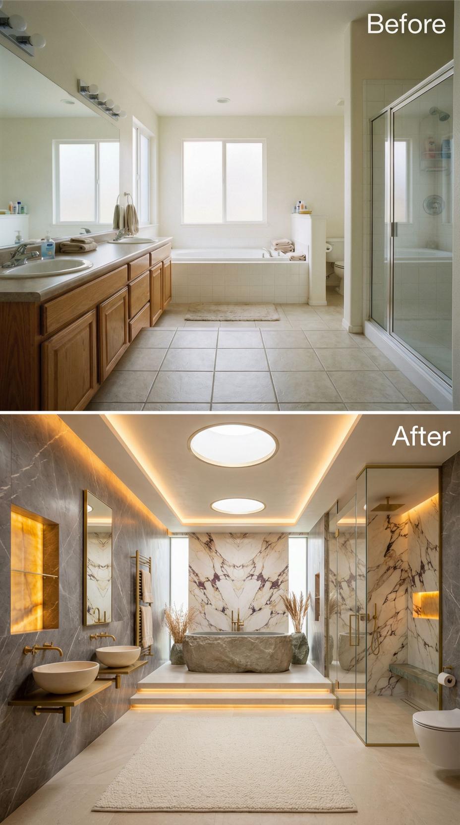 Cove-Lit Tray and Marble Book-Match Erase Builder-Grade Tile