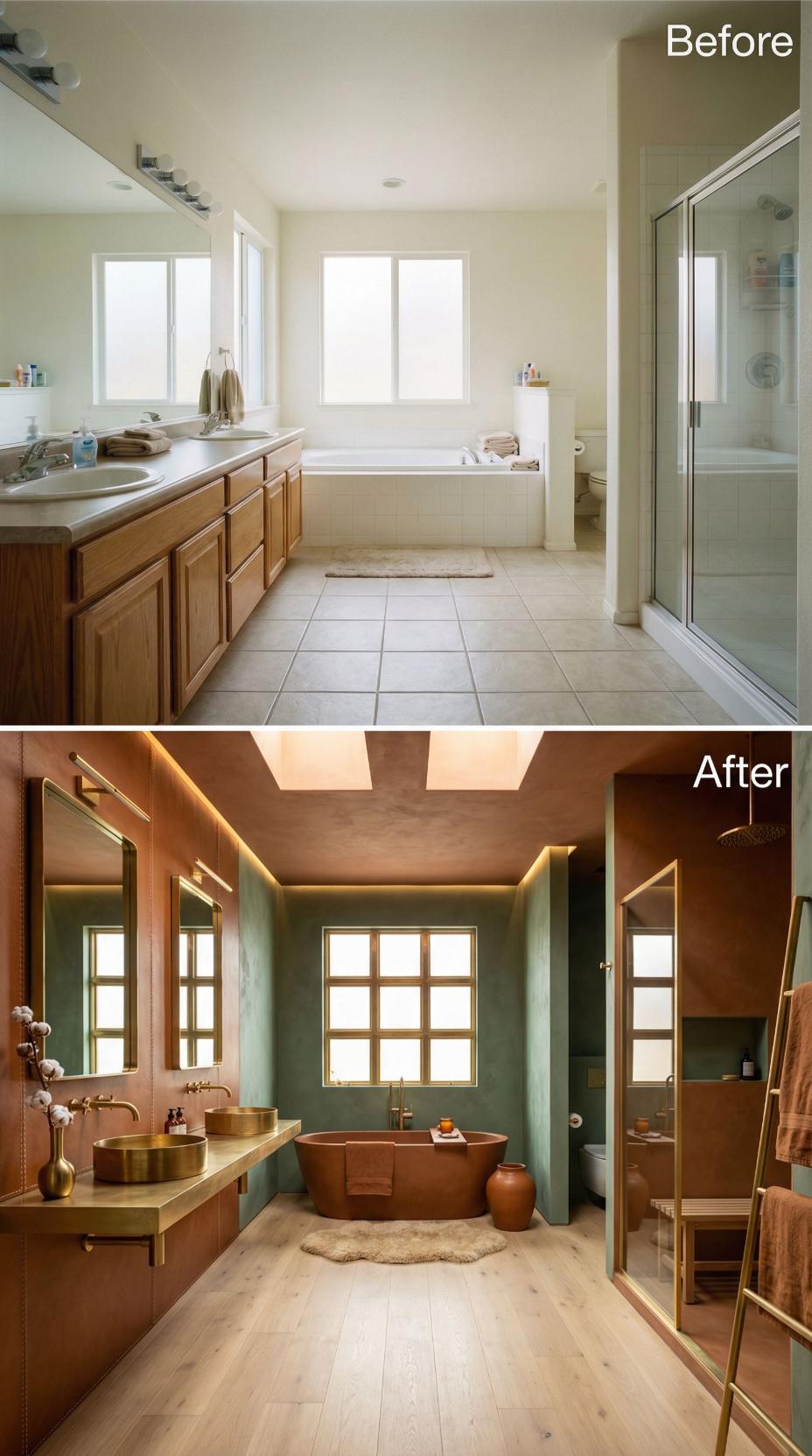 Copper Freestanding Tub and Sage Plaster Walls Abolish Builder Beige