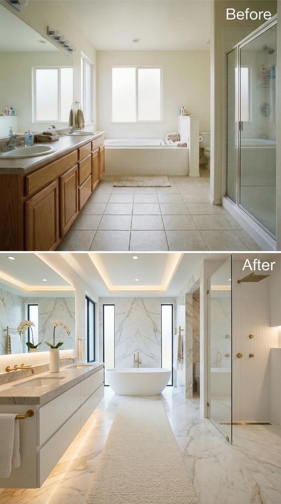 Gold Fixtures and Book-Matched Marble Erase Oak Cabinetry Past