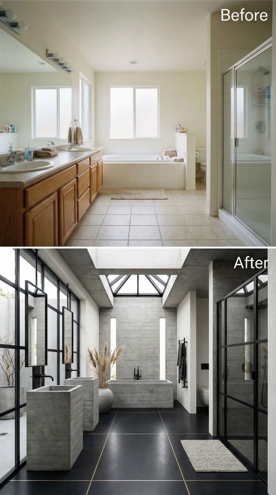 Concrete Board-Form Walls and Skylight Atrium Replace Oak Builder Bath