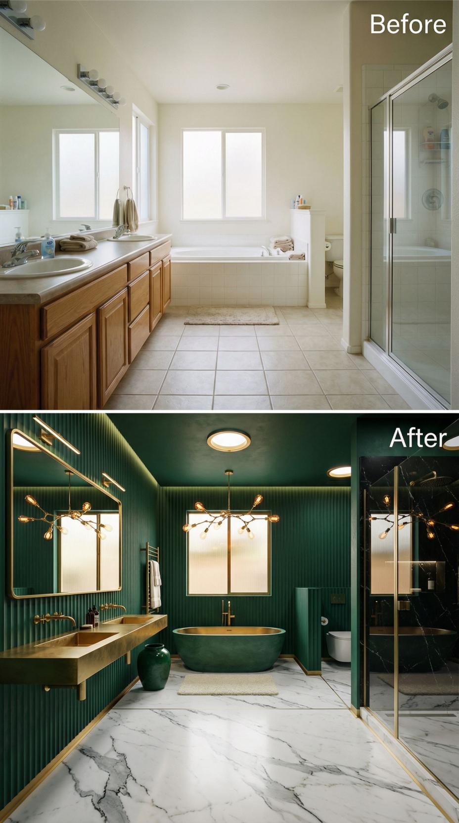 Fluted Emerald Walls and Gold Faucets Overthrow Builder-Grade Tile