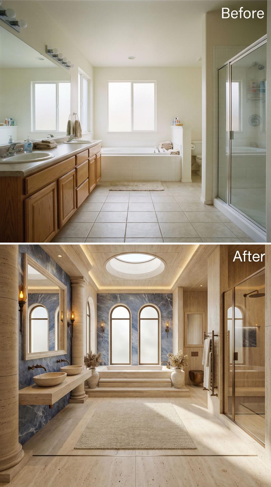 Travertine Columns and Cove-Lit Dome Displace Oak Cabinet Plainness