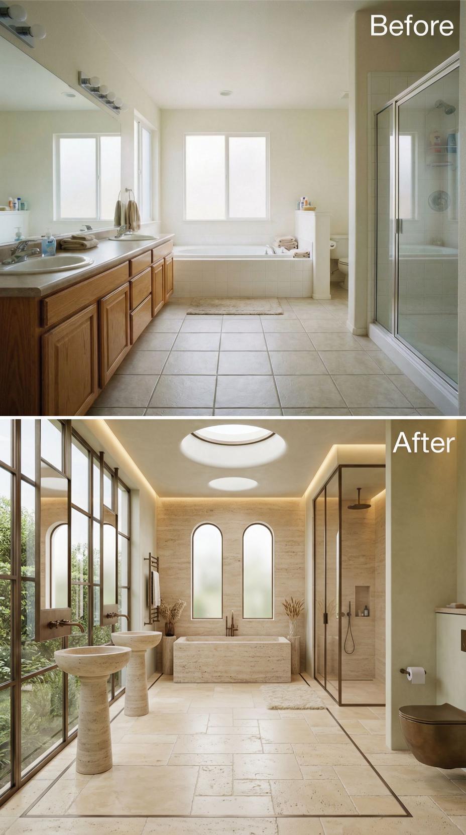 Arched Mirrors and Travertine Slabs Silence Oak Vanity Beige