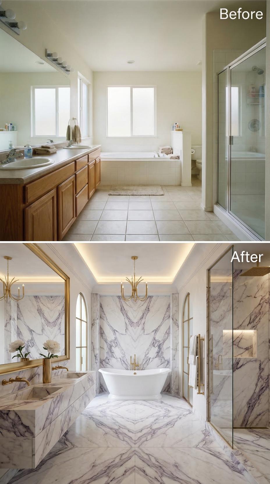 Bookmatched Marble and Brass Partitions Eclipse Oak Vanity Origins