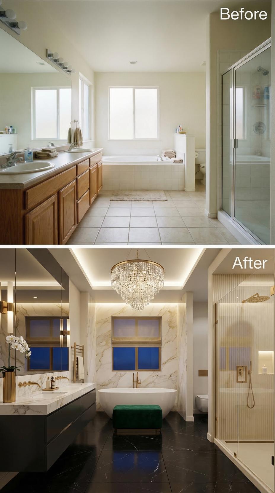 Coved LED Tray and Tiered Crystal Chandelier Displace Beige Tile