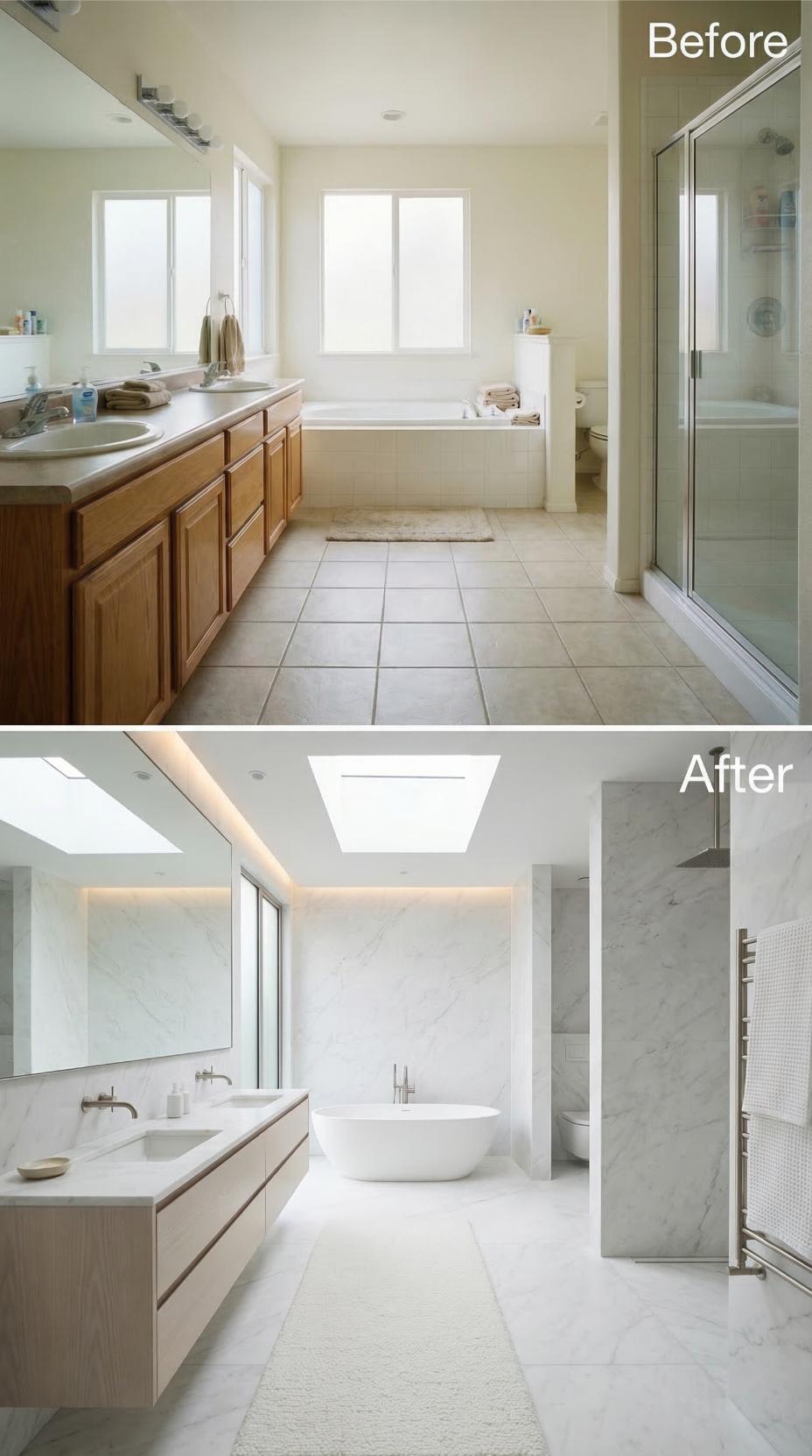 Skylit Spa Minimalism Erases Tan Tile and Oak Vanity Clutter