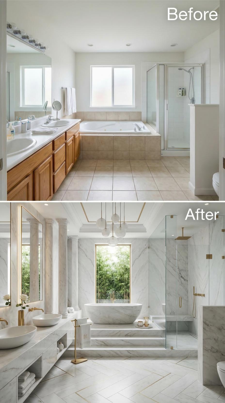 Marble Columns, Gold Hardware, and a Raised Tub Platform Rebuild a Forgettable Primary Bath