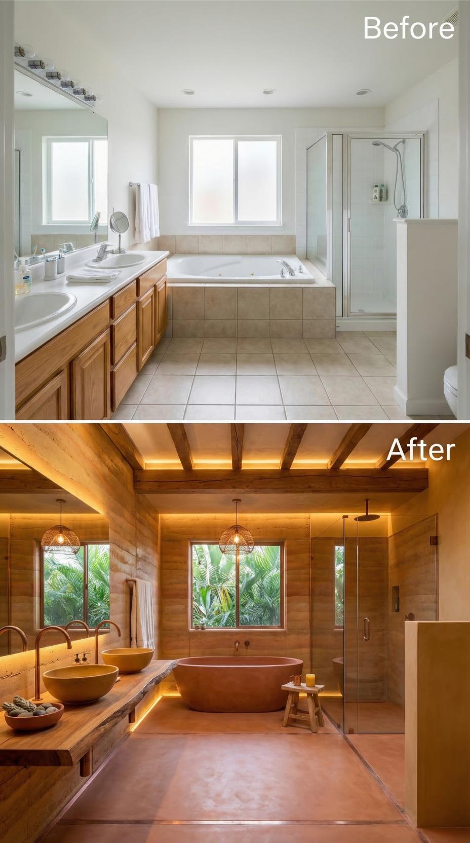 Exposed Beam Ceilings, Vessel Sinks, and Warm LED Coves Rebuild a Dated Primary Bath