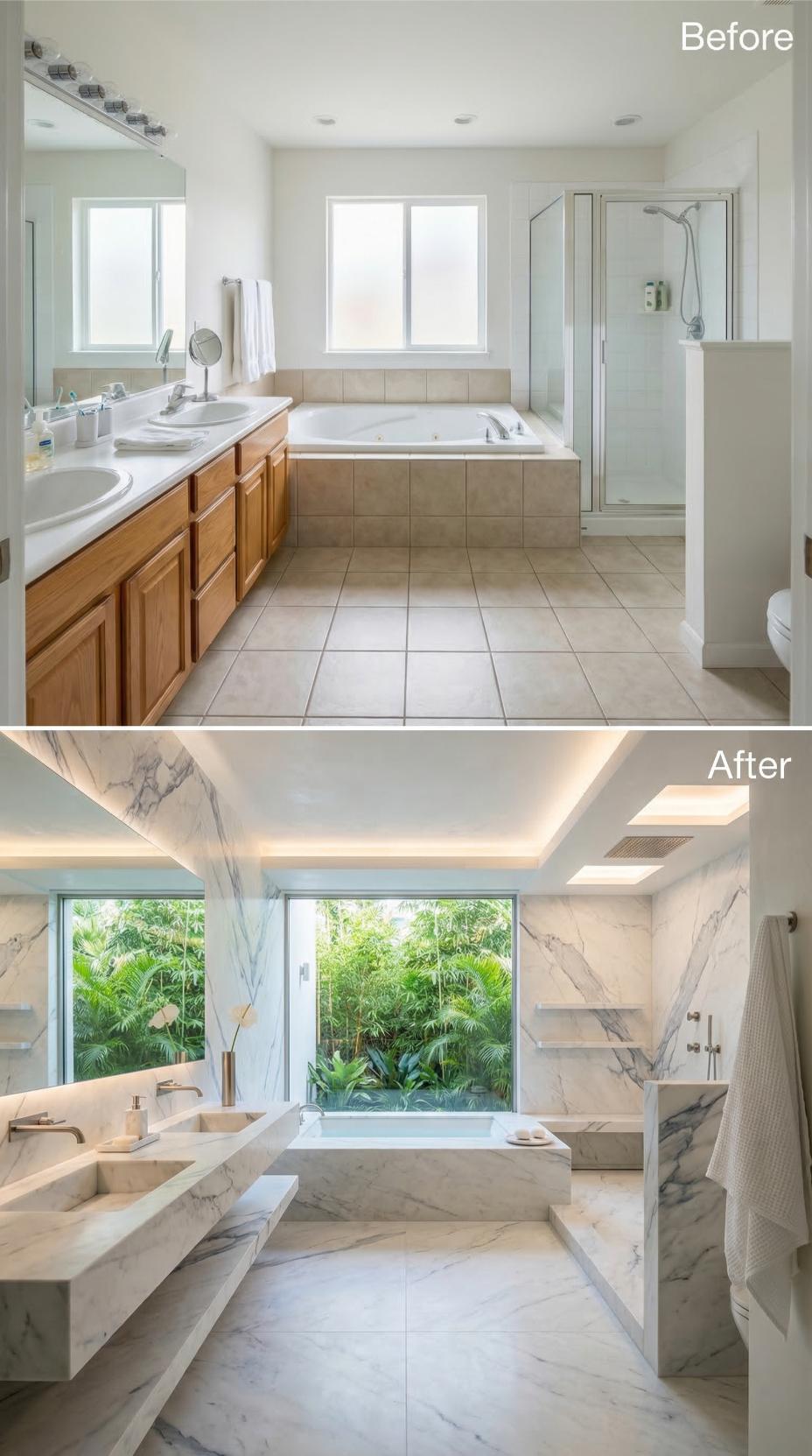 Veined Marble Surfaces and Cove Lighting Displace Beige Tile in a Primary Bath