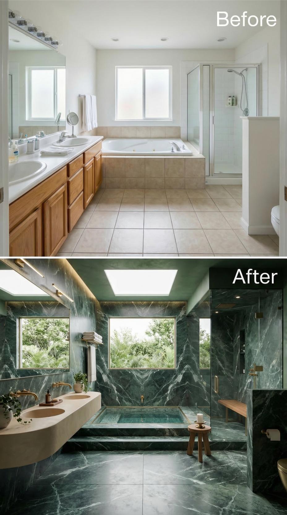 Verde Marble Walls and a Sunken Tub Turn a Beige Primary Bath Into a Spa Sanctuary