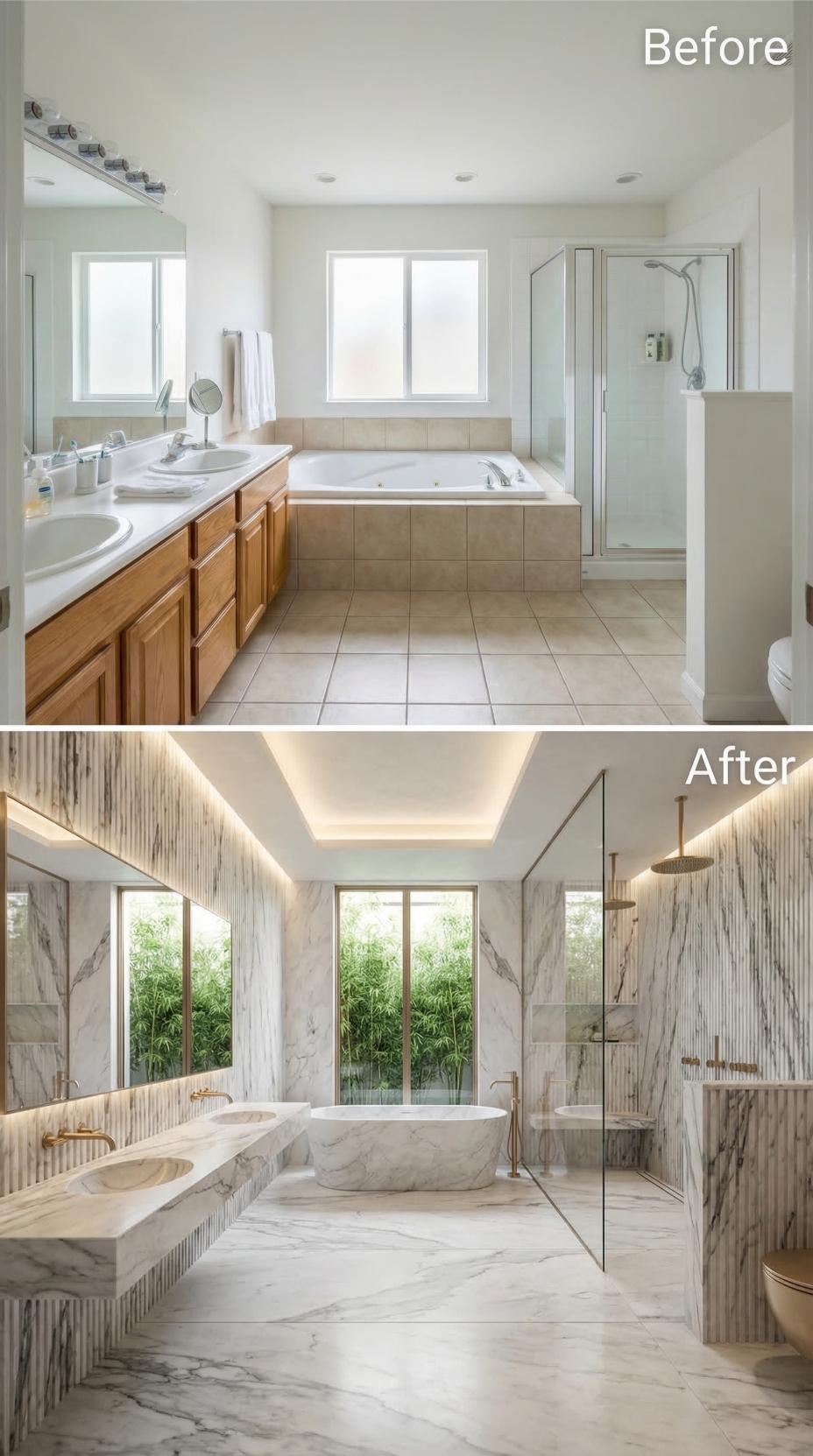 Brushed Brass Fixtures and Full-Height Marble Cladding Retire Beige Tile and Oak Cabinetry