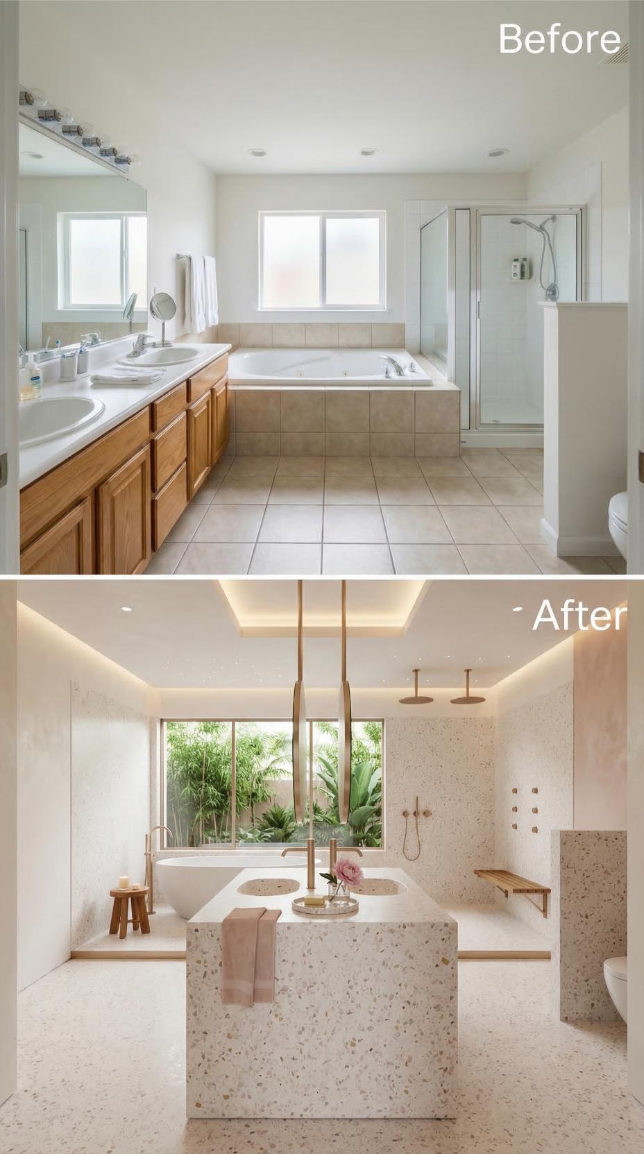 Terrazzo Island Vanity, Cove Lighting, and Brass Fixtures Displace Oak Cabinetry