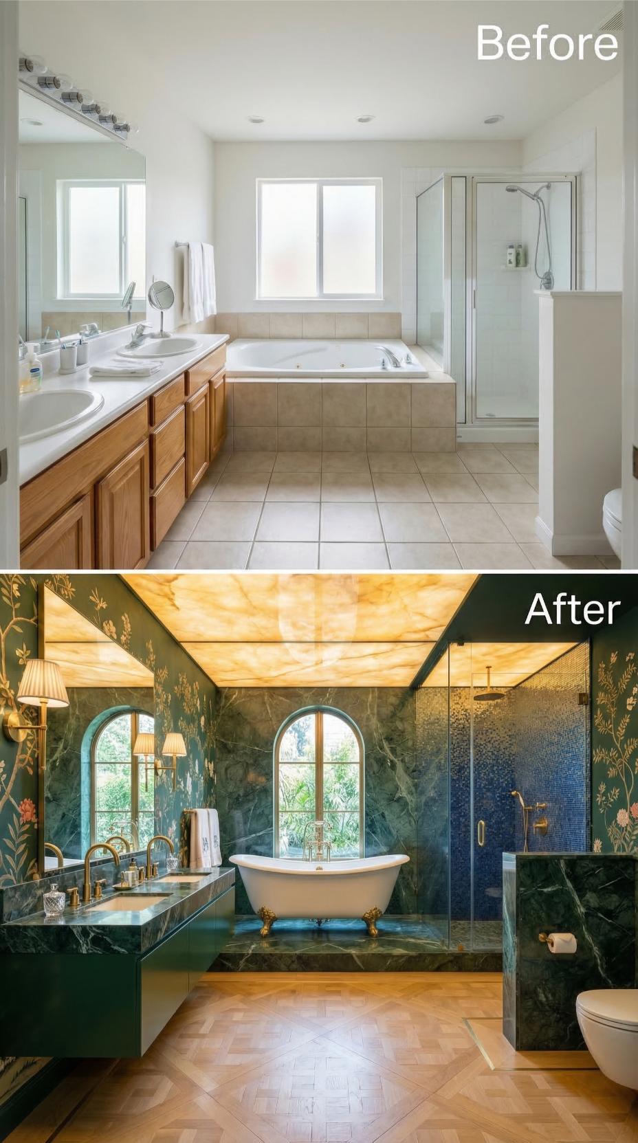 Backlit Onyx Ceiling, Green Marble Vanity, and a Clawfoot Tub Displace Oak Cabinetry