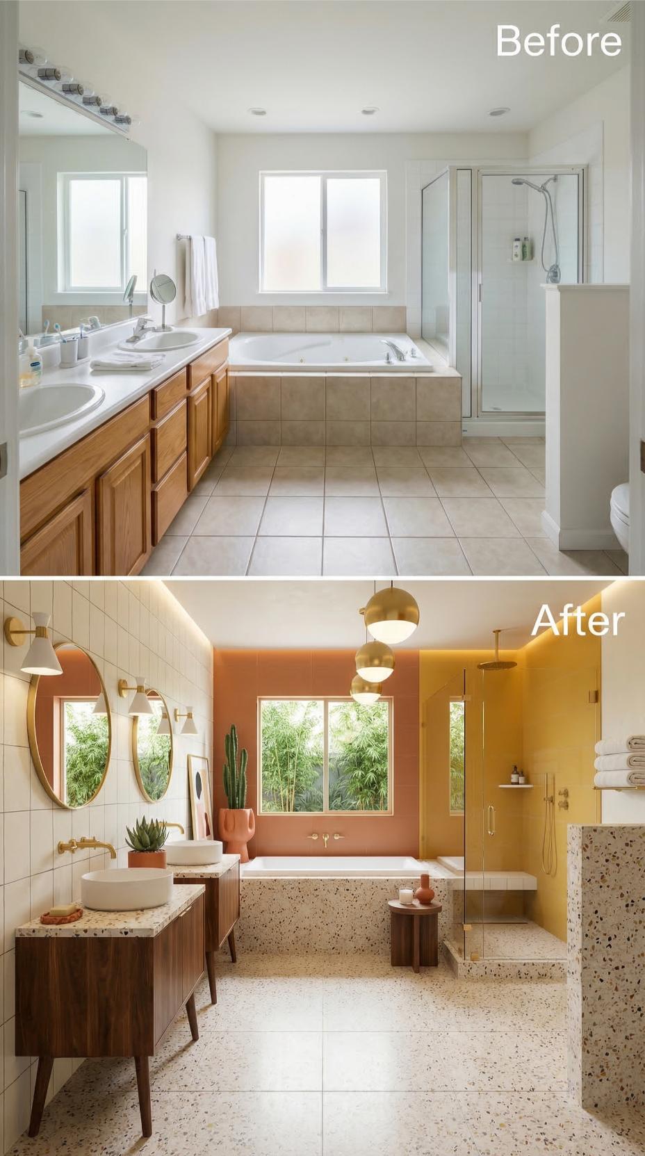 Terrazzo Floors, Warm Paint Blocking, and Gold Pendants Displace Oak Cabinetry and Beige Tile
