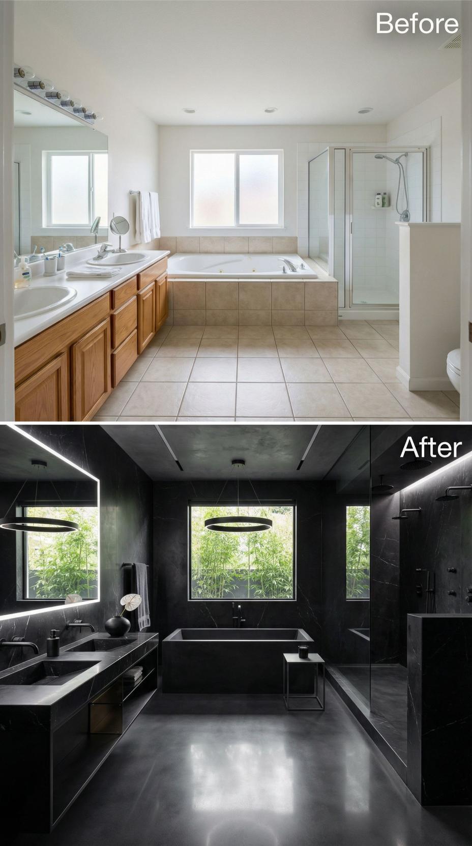 Black Marble Slab Walls and Polished Concrete Floors Retire Oak Cabinetry and Beige Tile