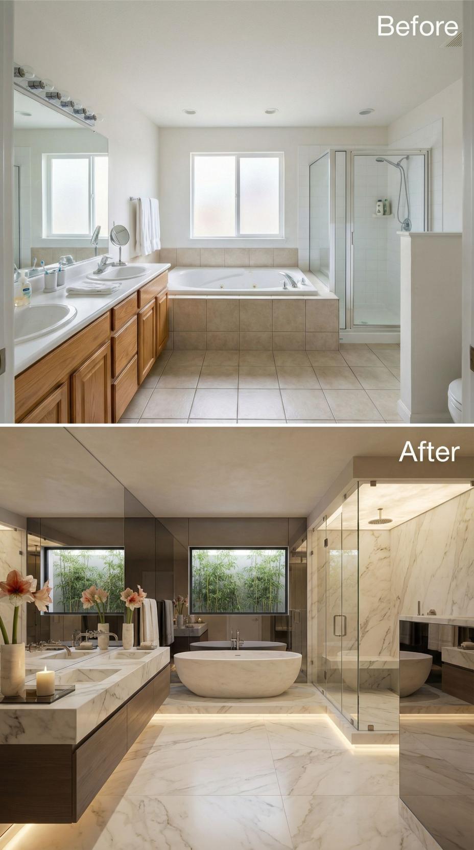 Freestanding Tub, Marble Slab Shower, and LED Toe-Kick Lighting Retire Oak and Beige Tile