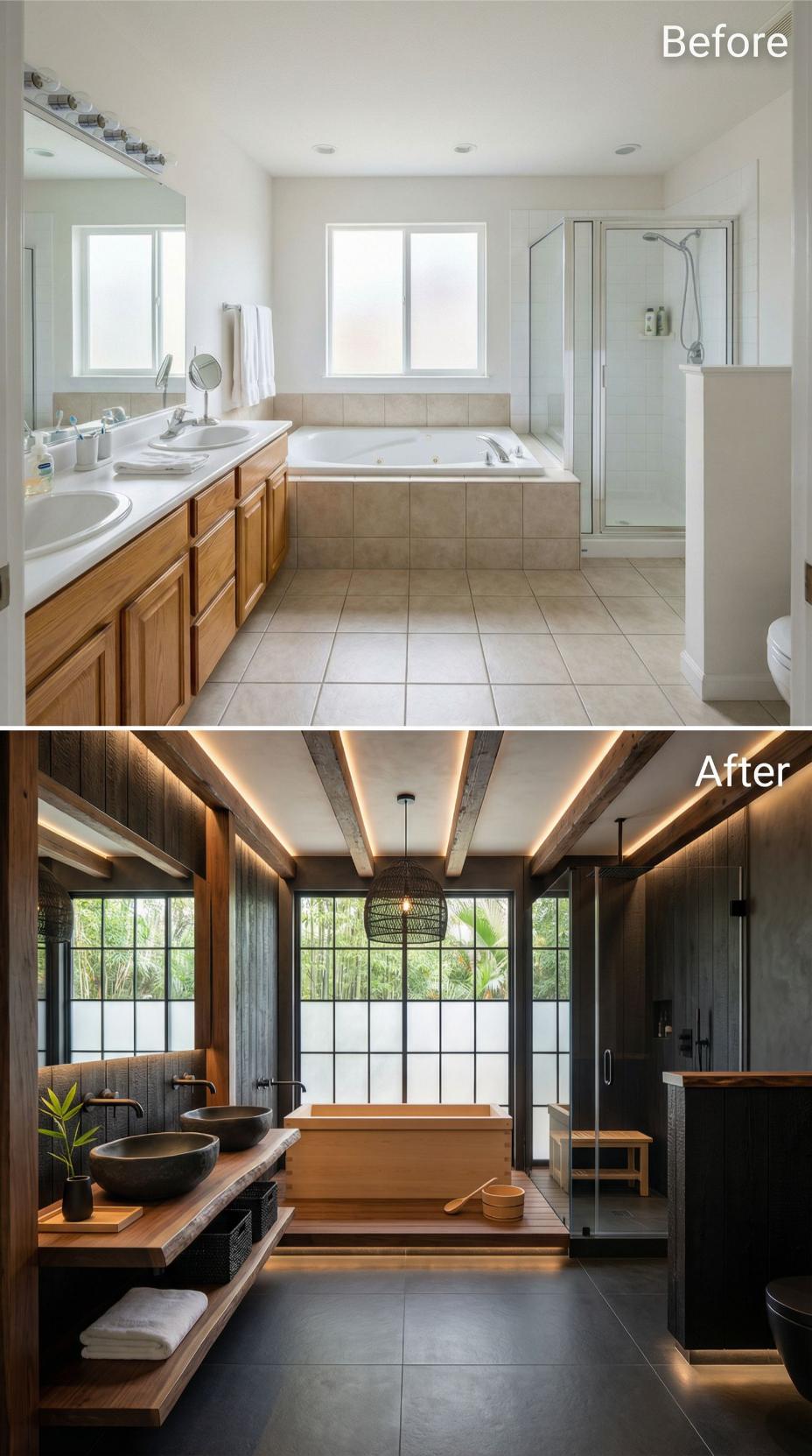 Dark Mineral Walls and a Hinoki Soaking Tub Displace Beige Tile and Oak Cabinetry