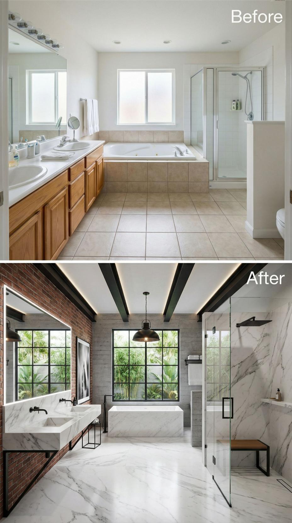 Exposed Steel Beams, Brick Accent Wall, and Marble Slabs Replace Beige Tile and Oak Cabinetry