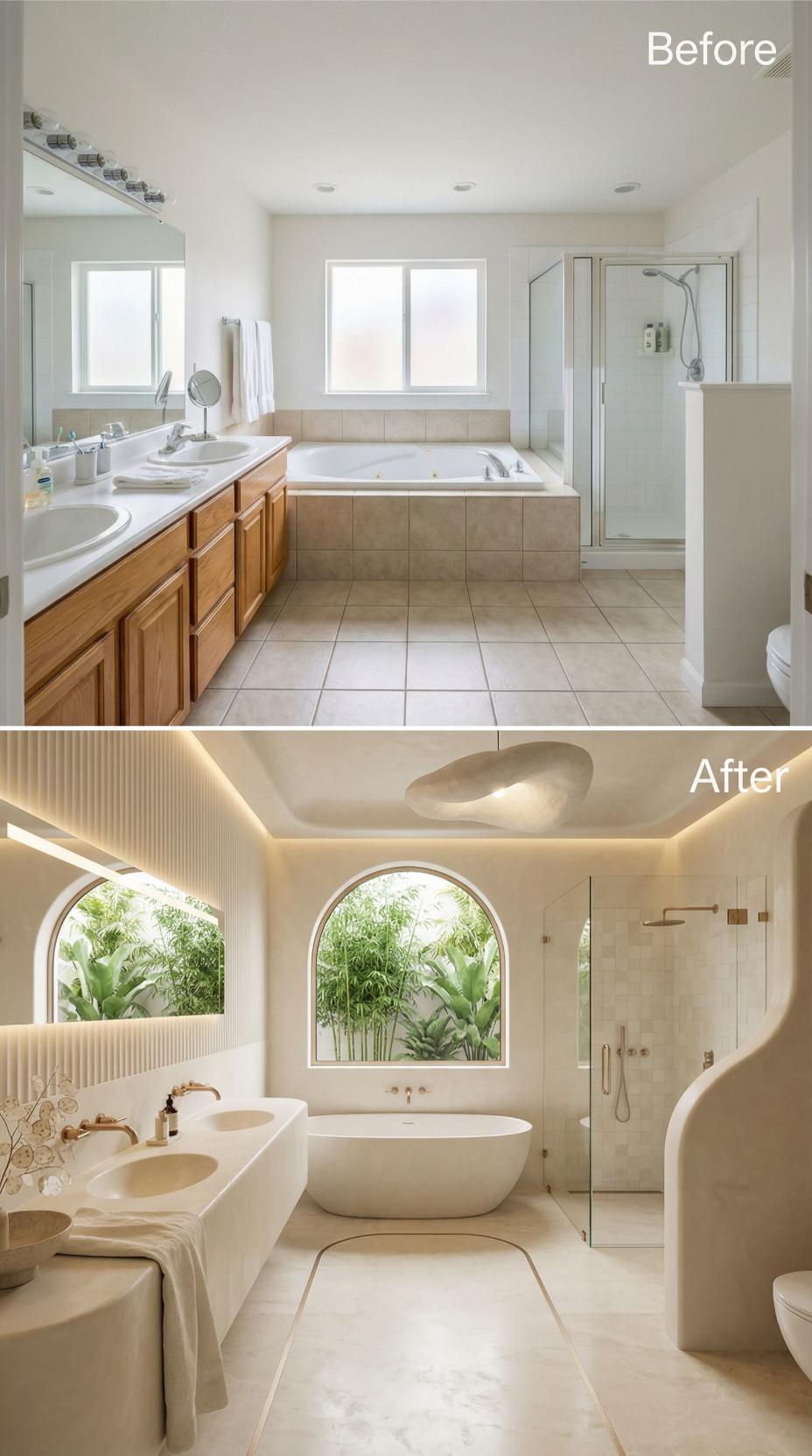 Arched Windows, Organic Plaster Curves, and Rose Gold Fixtures Replace Oak and Beige Tile