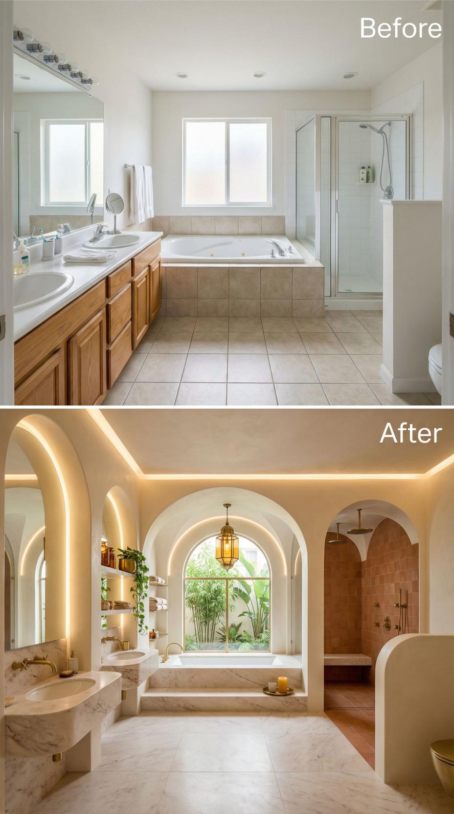 Moroccan Lantern, Barrel-Vaulted Arches, and Warm Plaster Walls Retire Beige Tile and Oak Cabinetry