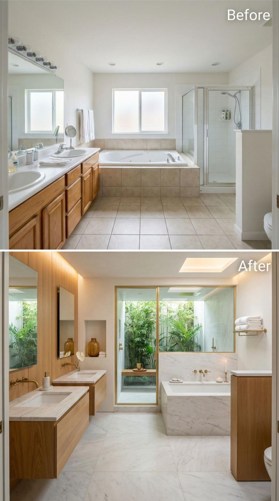 Marble Slab Tub Surround, Gold-Frame Shower Wall, and a Skylight Retire Beige Tile