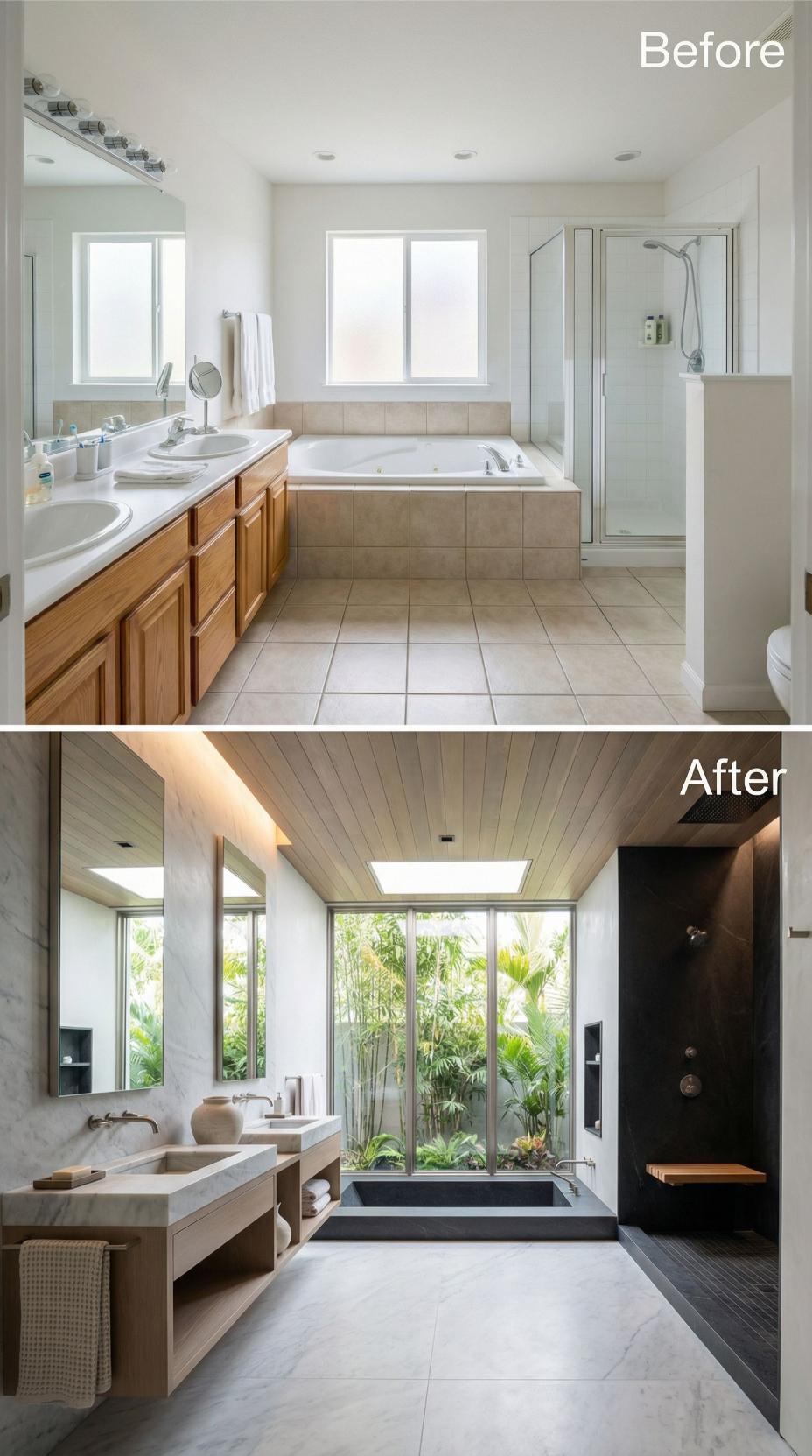 Wood-Slat Ceiling, Marble Vanity Slab, and Floor-to-Ceiling Garden Windows Replace Beige Tile