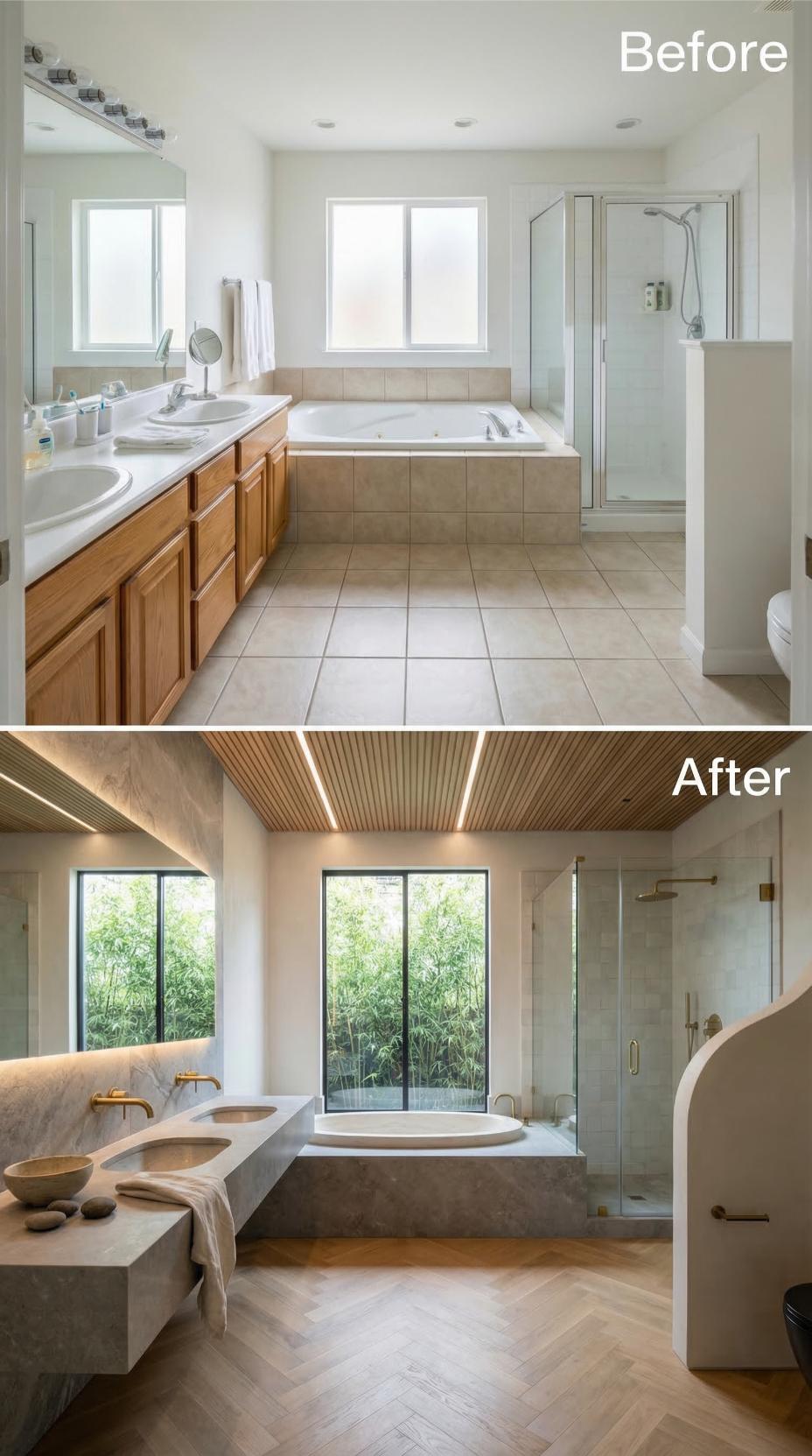 Slatted Wood Ceilings and Marble Surfaces Replace Oak Cabinetry in This Primary Bath