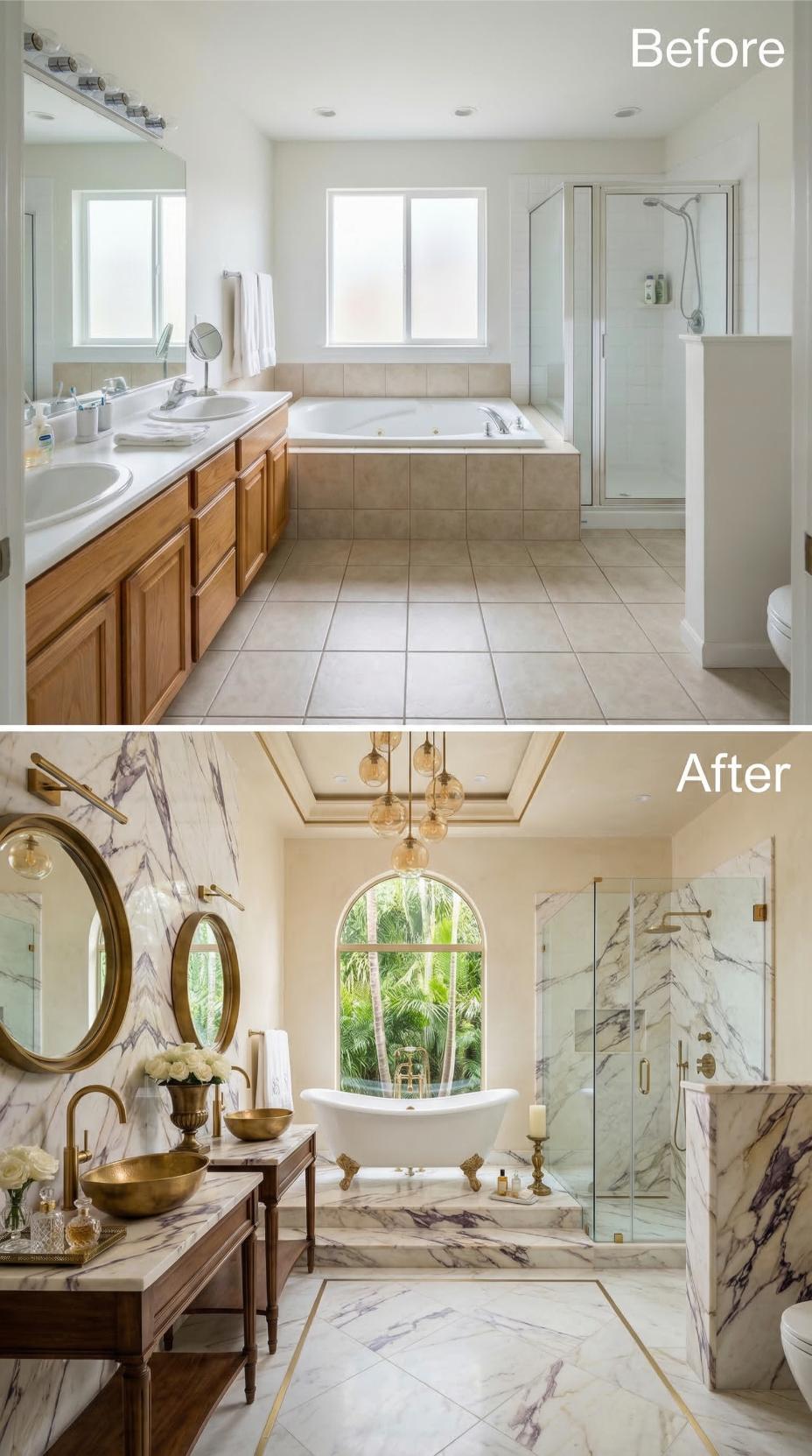 Calacatta Viola Marble, a Clawfoot Tub, and Brass Vessel Sinks Displace Beige Tile and Oak Cabinetry