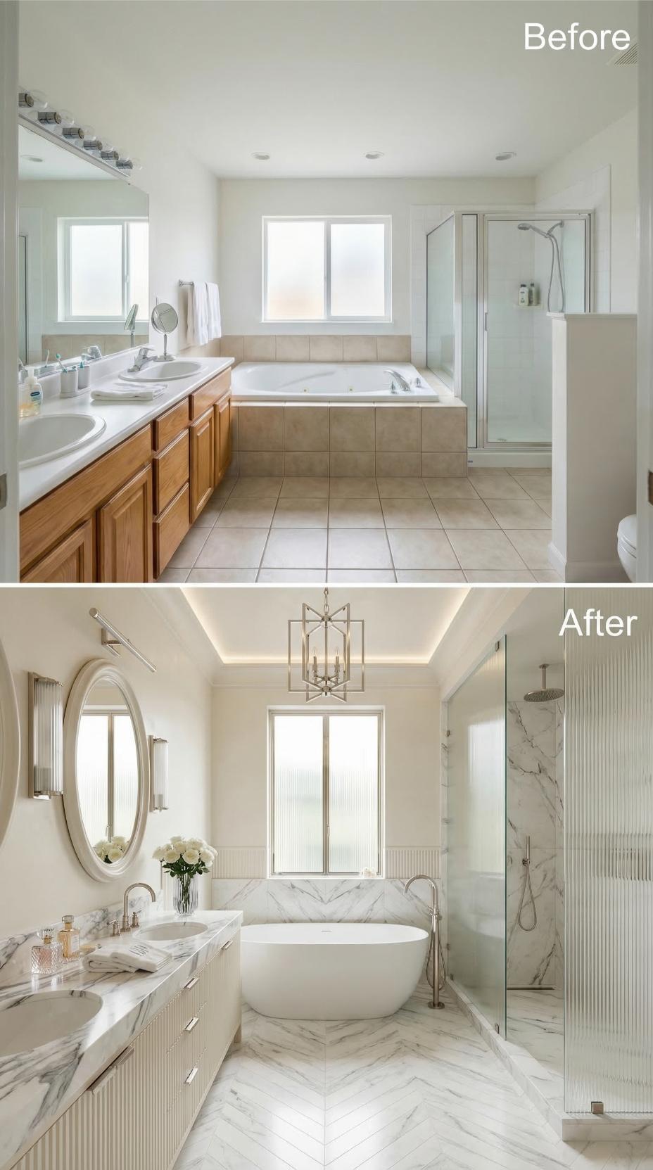 Oval Mirror, Chandelier Pendant, and Chevron Marble Floors Replace Beige Tile and Oak Cabinetry